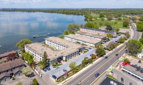 a large building next to a body of water