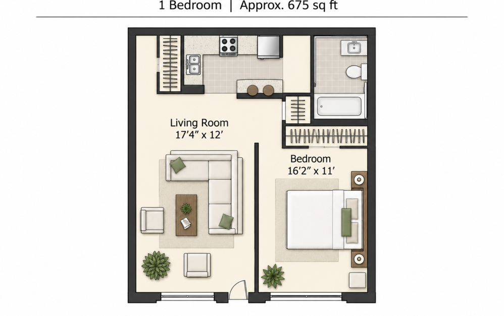 Surf N Sand  1 Bd - 1 bedroom floorplan layout with 1 bathroom and 675 square feet