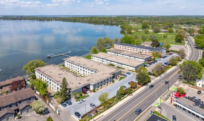 a large building next to a body of water