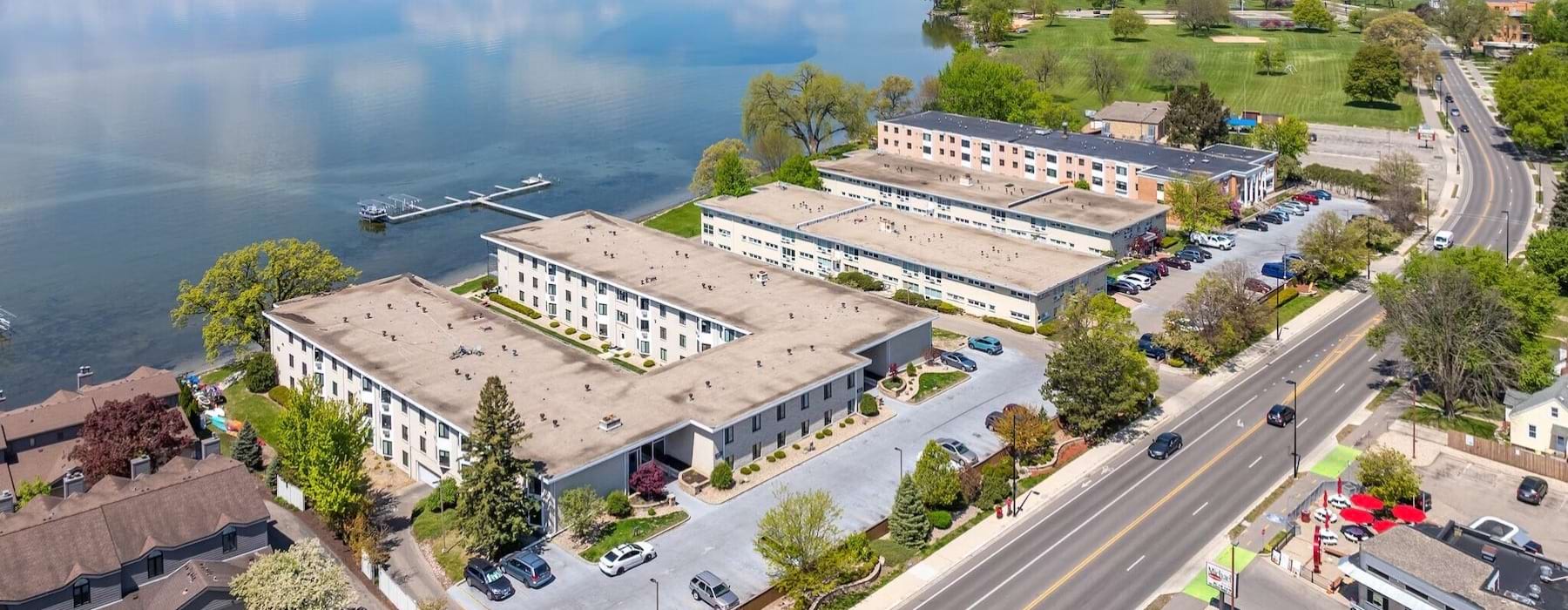 a large building next to a body of water
